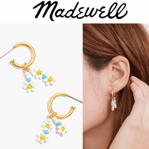 Madewell Jewelry - Madewell Seed Bead Huggie Hoops Gold with Colorful Daisy Charms NWT